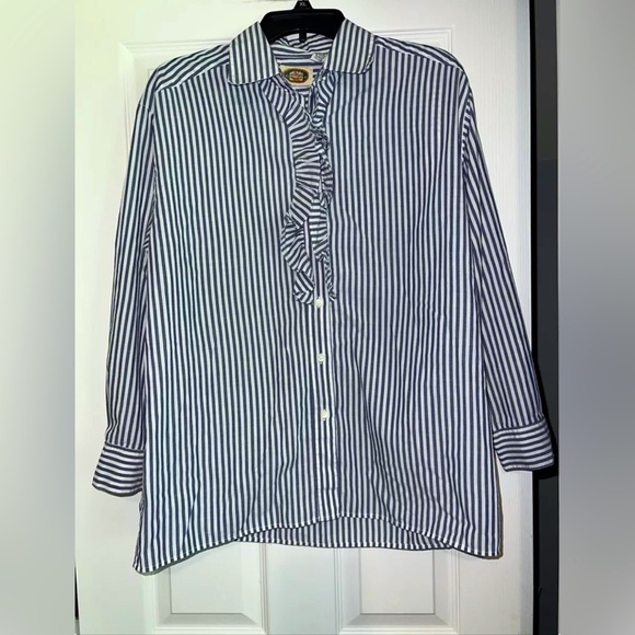 CM Company Brand Size Medium Blue Striped Ruffled L/S Top Blouse Shirt - Picture 1 of 8
